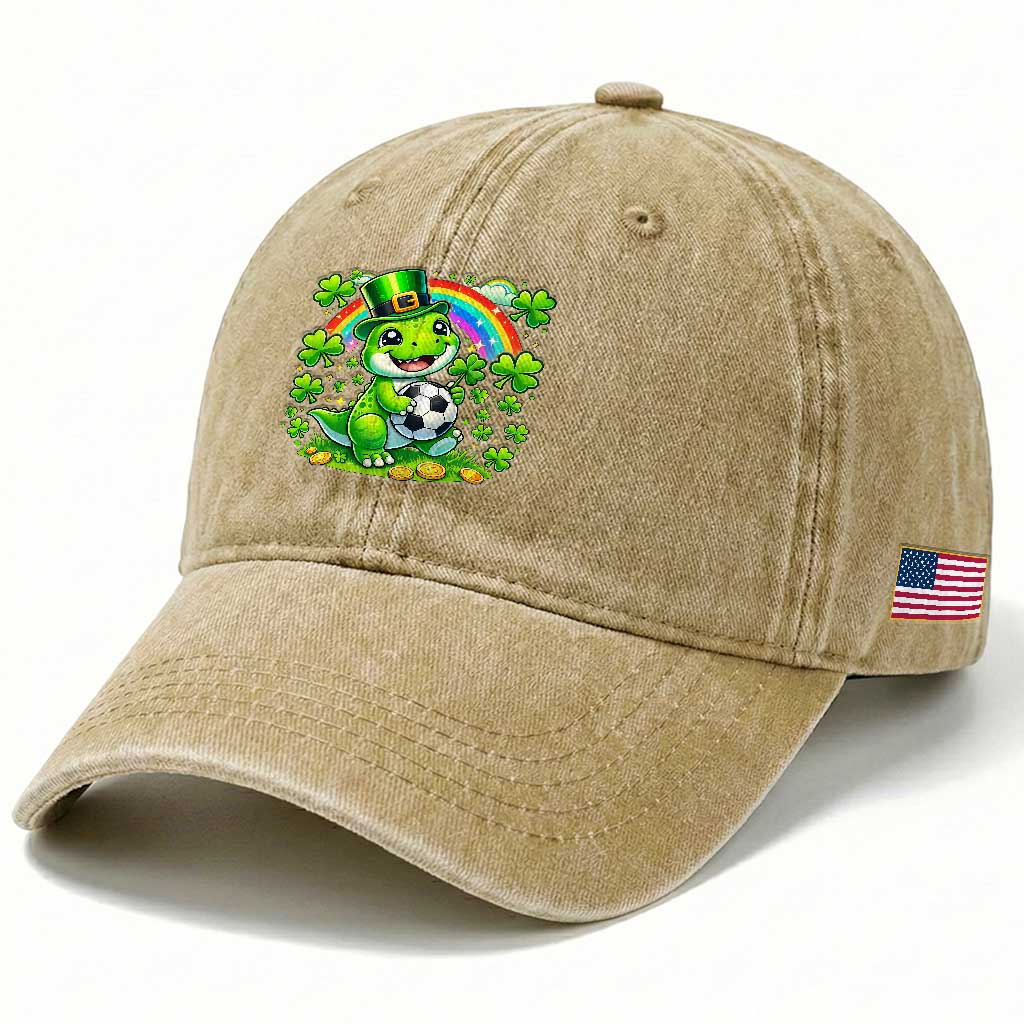 Cute Dinosaur Soccer Player Washed Cotton Baseball Cap St Patricks Day Dino Lover TS12 Print Your Wear