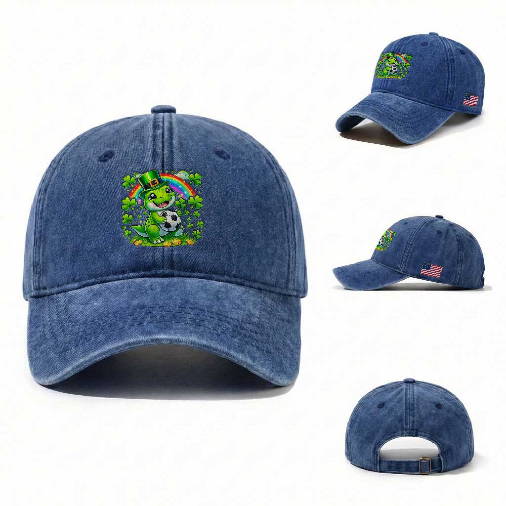 Cute Dinosaur Soccer Player Washed Cotton Baseball Cap St Patricks Day Dino Lover TS12 Washed Cap Universal Fit Royal Blue Print Your Wear