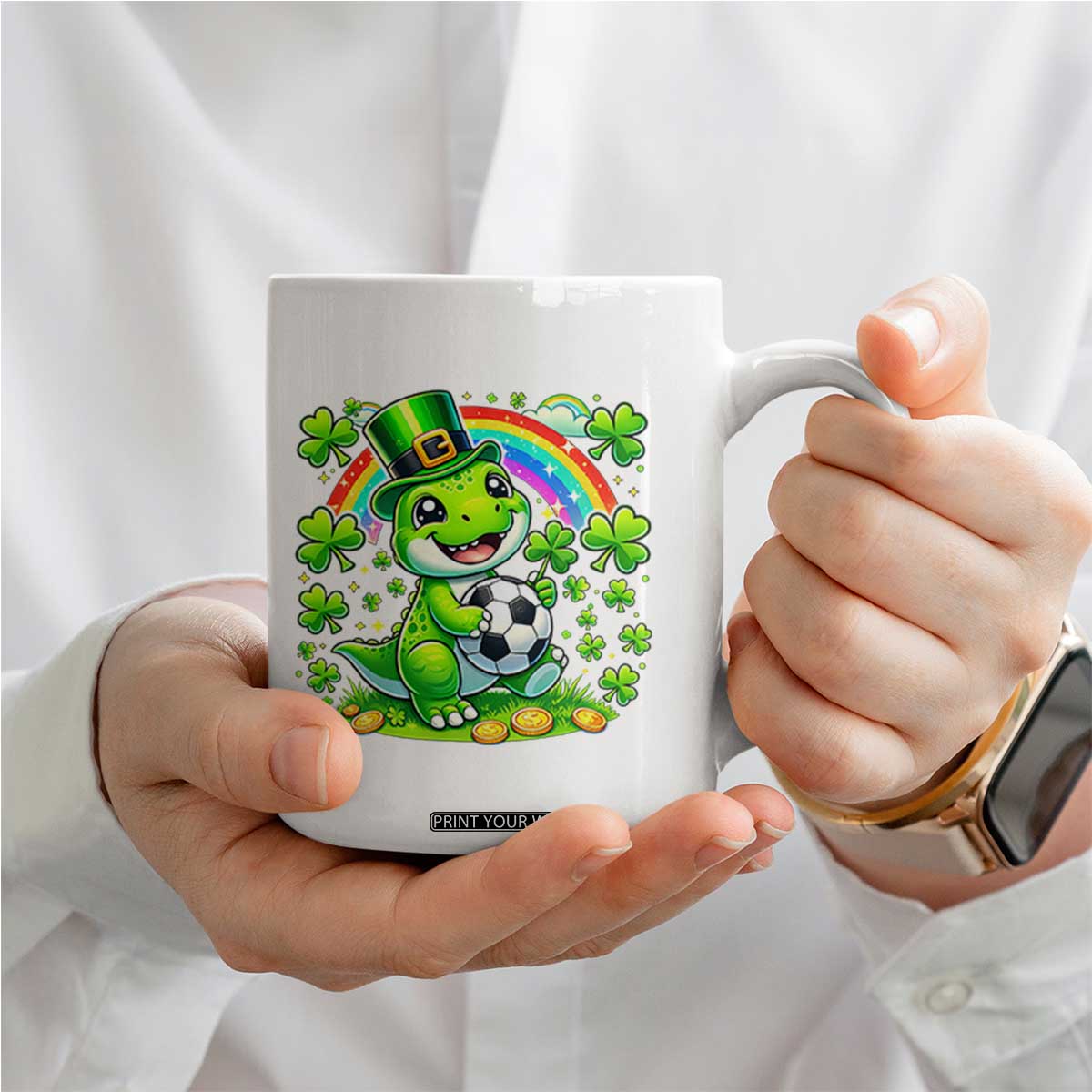 Cute Dinosaur Soccer Player Coffee Mug St Patricks Day Dino Lover TS12 Print Your Wear