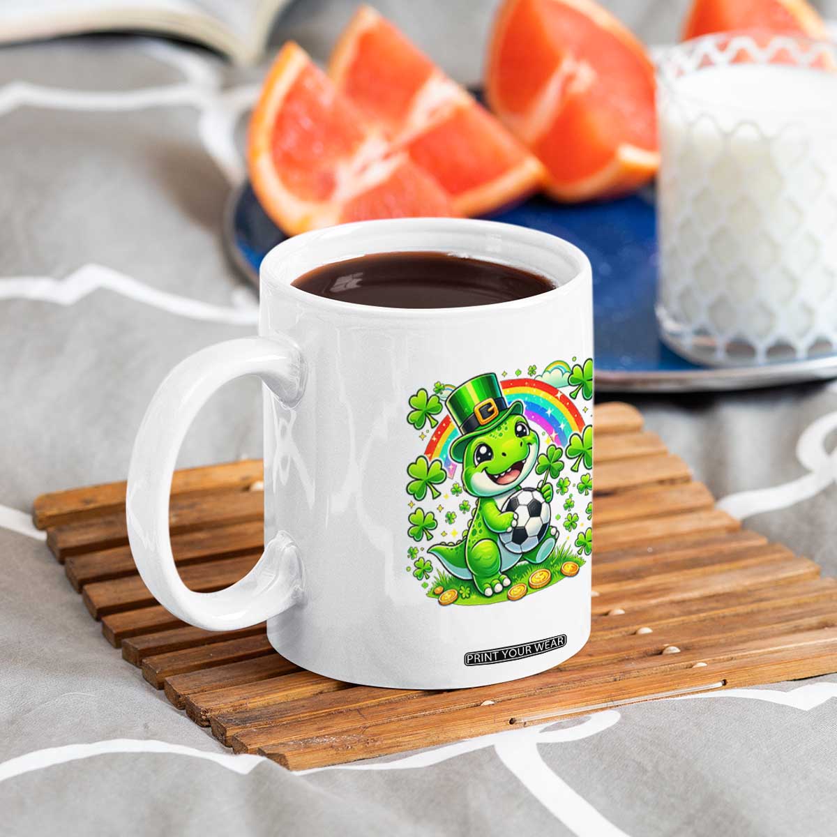 Cute Dinosaur Soccer Player Coffee Mug St Patricks Day Dino Lover TS12 Print Your Wear