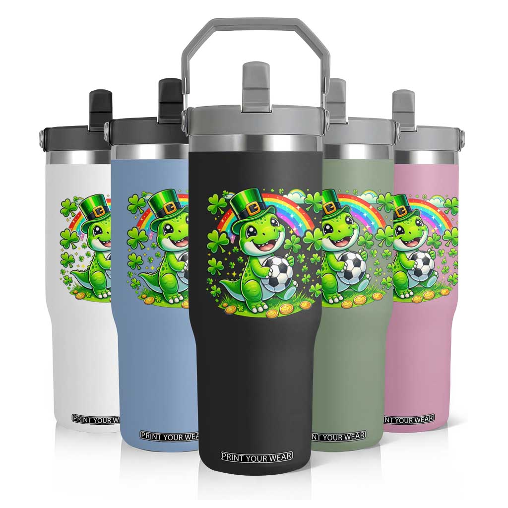 Cute Dinosaur Soccer Player Flip Straw Tumbler St Patricks Day Dino Lover TS12 Print Your Wear