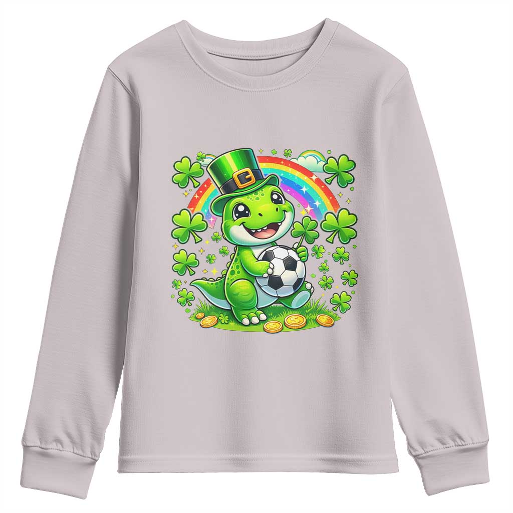 Cute Dinosaur Soccer Player Youth Sweatshirt St Patricks Day Dino Lover TS12 Ice Gray Print Your Wear