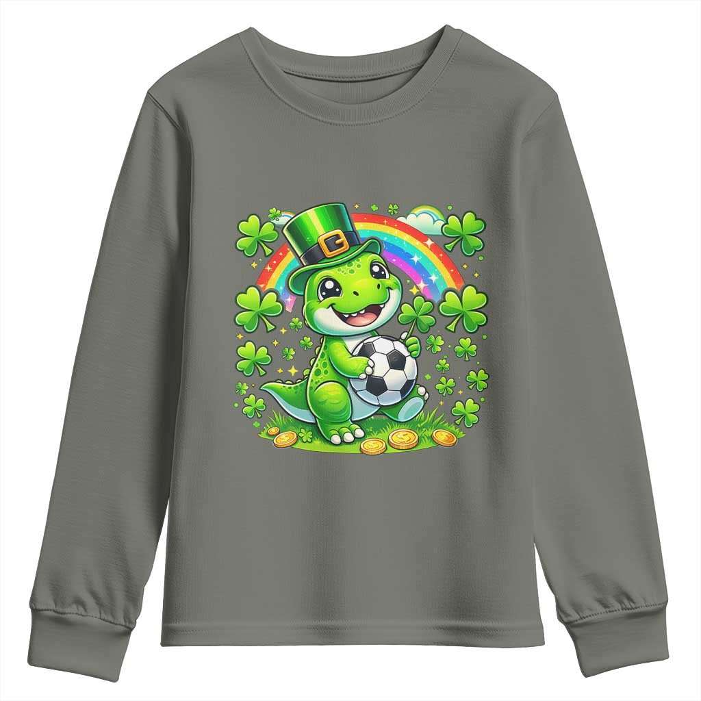 Cute Dinosaur Soccer Player Youth Sweatshirt St Patricks Day Dino Lover TS12 Military Green Print Your Wear