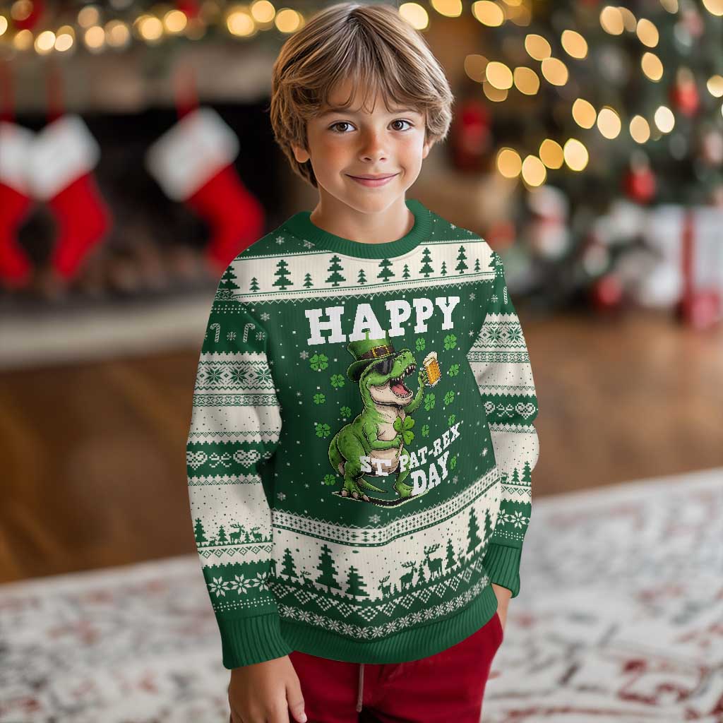 Happy St Pat Rex Day Ugly Christmas Sweater Funny Dinosaur Drinking Beer TS12 Forest Green Beige Print Your Wear