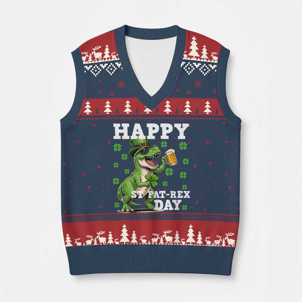 Happy St Pat Rex Day V-Neck Knit Sweater Vest Funny Dinosaur Drinking Beer TS12 Navy Red Print Your Wear