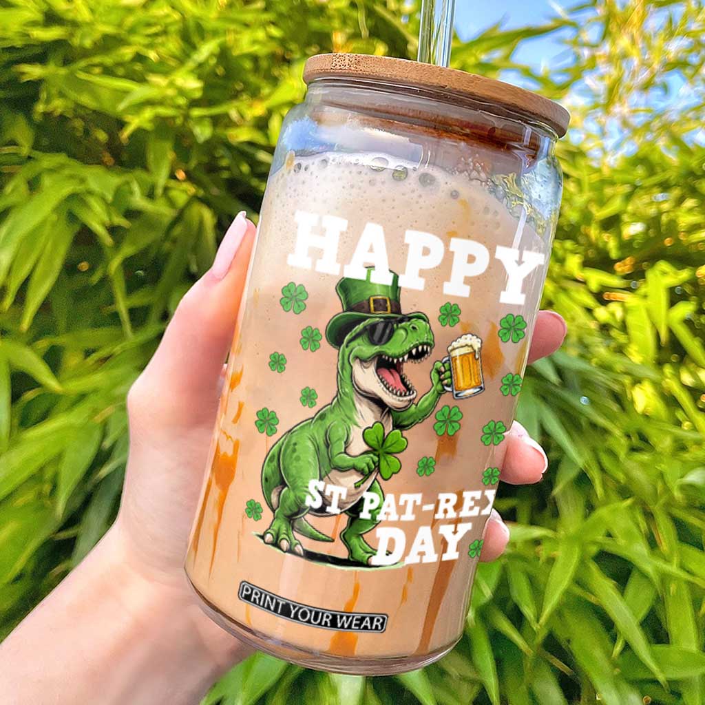 Happy St Pat Rex Day Glass Can Funny Dinosaur Drinking Beer TS12 Black Print Your Wear