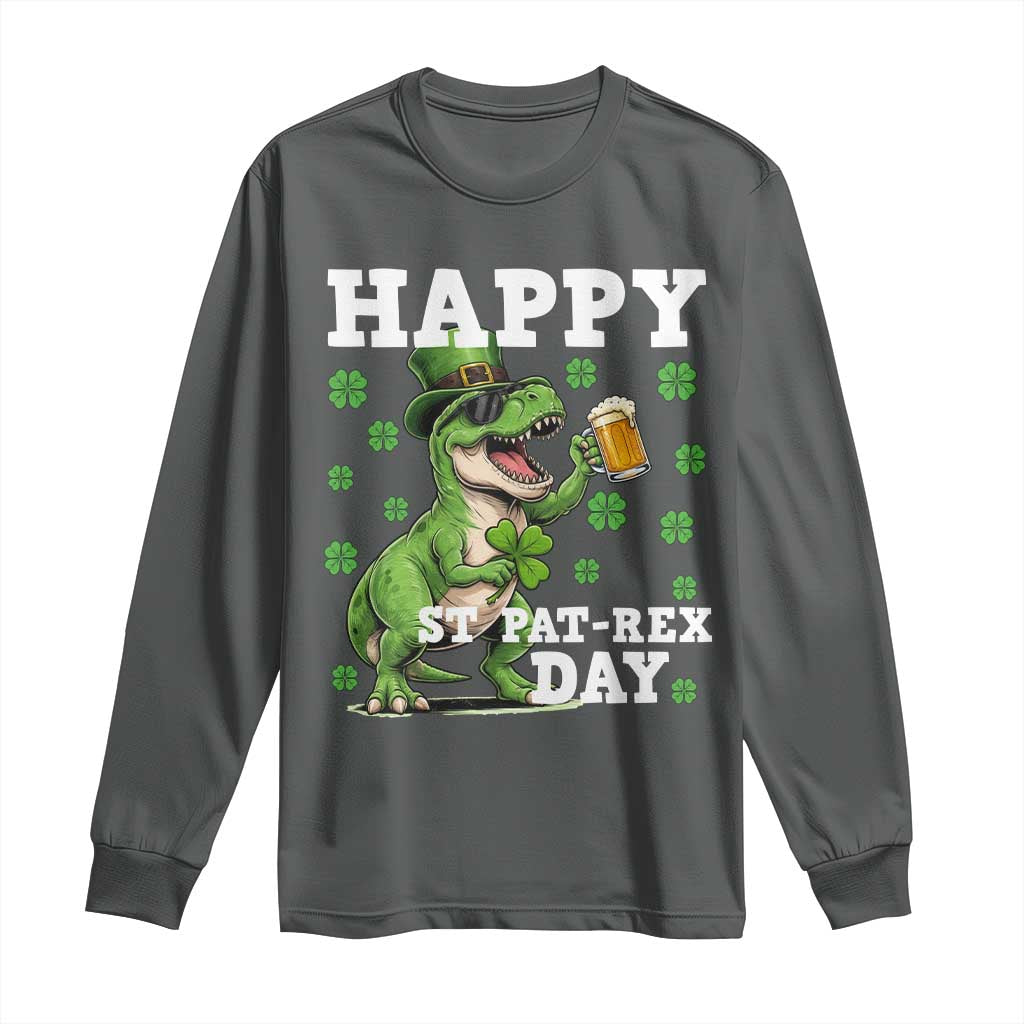 Happy St Pat Rex Day Long Sleeve Shirt Funny Dinosaur Drinking Beer TS12 Dark Heather Print Your Wear
