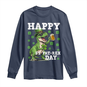 Happy St Pat Rex Day Long Sleeve Shirt Funny Dinosaur Drinking Beer TS12 Navy Print Your Wear
