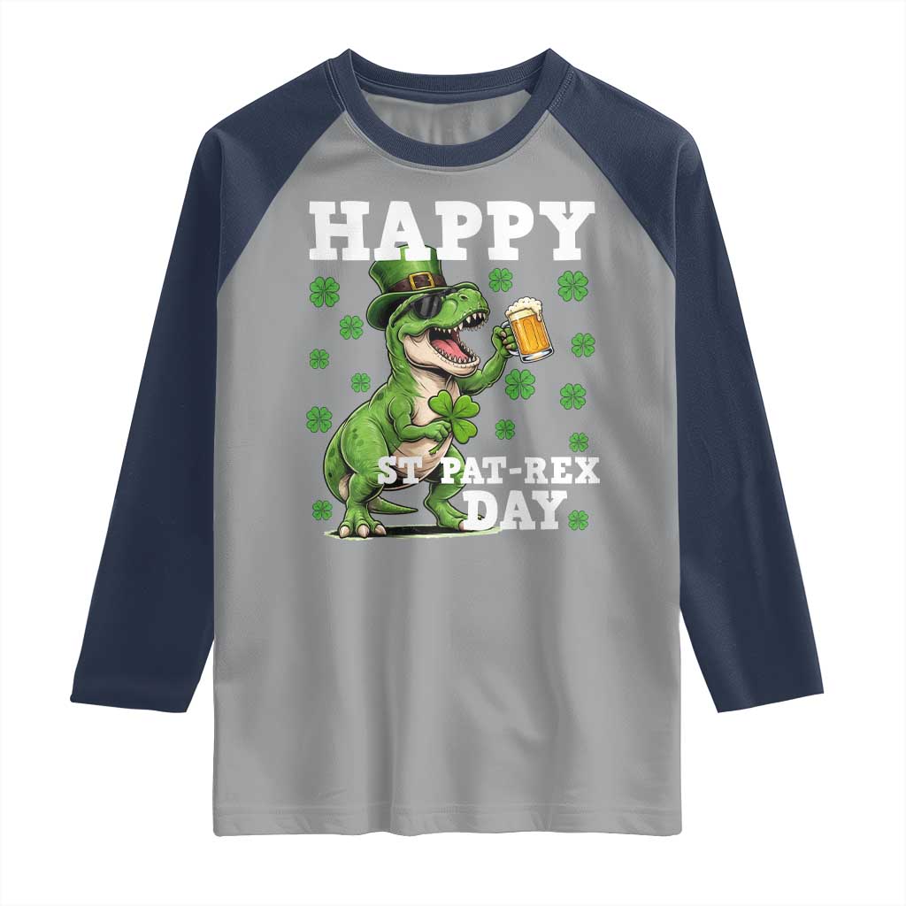 Happy St Pat Rex Day Raglan Shirt Funny Dinosaur Drinking Beer TS12 Sport Gray Navy Print Your Wear