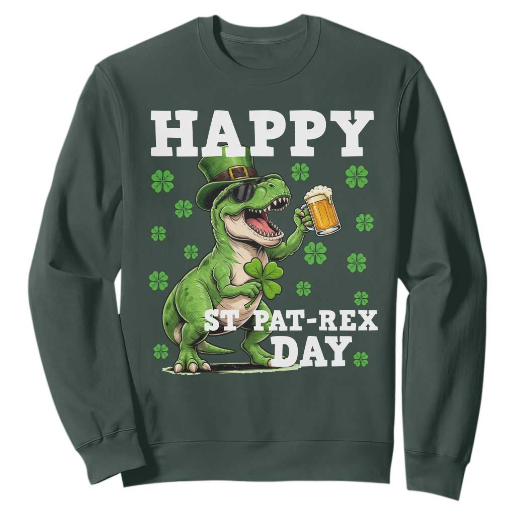 Happy St Pat Rex Day Sweatshirt Funny Dinosaur Drinking Beer TS12 Dark Forest Green Print Your Wear