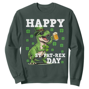 Happy St Pat Rex Day Sweatshirt Funny Dinosaur Drinking Beer TS12 Dark Forest Green Print Your Wear