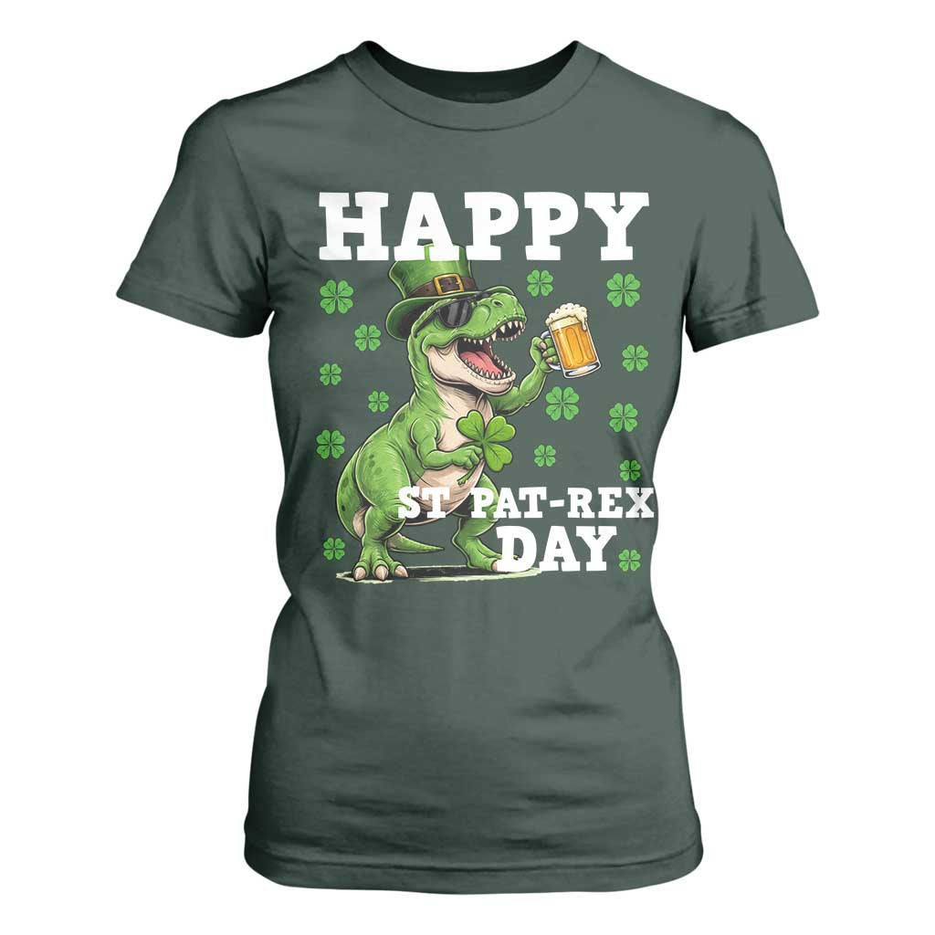 Happy St Pat Rex Day T Shirt For Women Funny Dinosaur Drinking Beer TS12 Dark Forest Green Print Your Wear