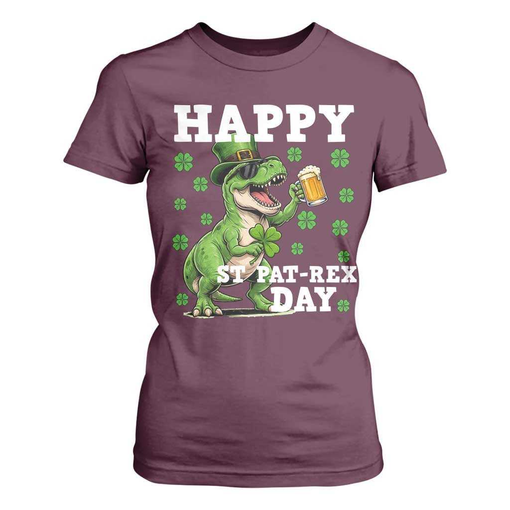 Happy St Pat Rex Day T Shirt For Women Funny Dinosaur Drinking Beer TS12 Maroon Print Your Wear