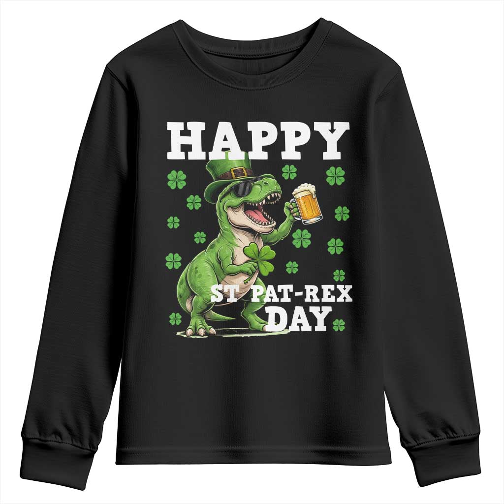 Happy St Pat Rex Day Youth Sweatshirt Funny Dinosaur Drinking Beer TS12 Black Print Your Wear