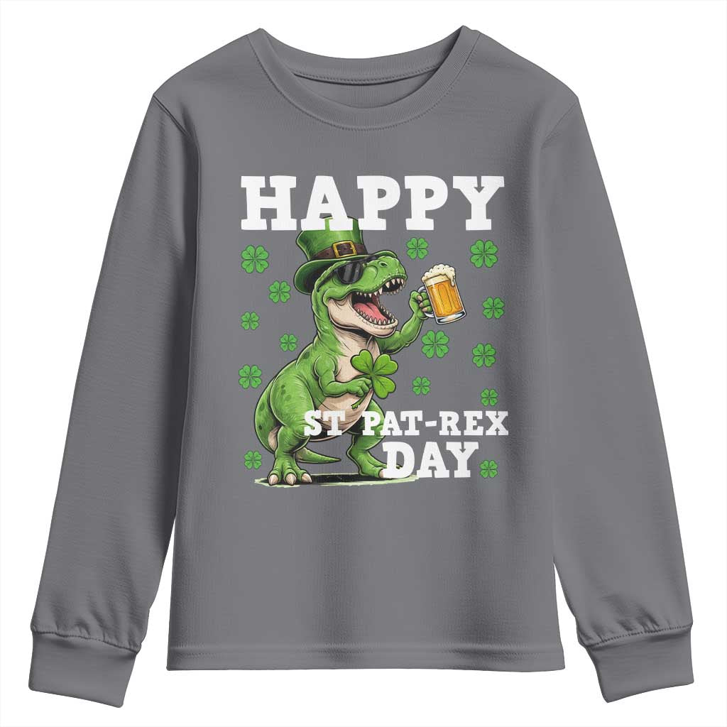 Happy St Pat Rex Day Youth Sweatshirt Funny Dinosaur Drinking Beer TS12 Charcoal Print Your Wear