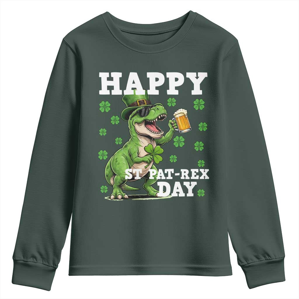 Happy St Pat Rex Day Youth Sweatshirt Funny Dinosaur Drinking Beer TS12 Dark Forest Green Print Your Wear