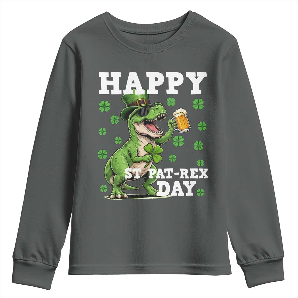 Happy St Pat Rex Day Youth Sweatshirt Funny Dinosaur Drinking Beer TS12 Dark Heather Print Your Wear
