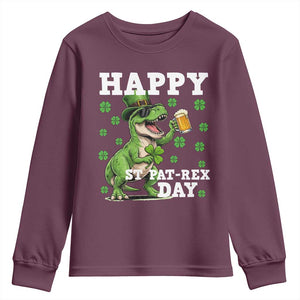 Happy St Pat Rex Day Youth Sweatshirt Funny Dinosaur Drinking Beer TS12 Maroon Print Your Wear