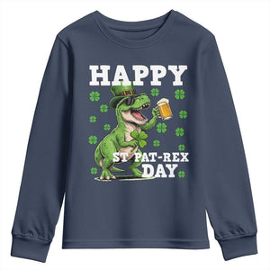 Happy St Pat Rex Day Youth Sweatshirt Funny Dinosaur Drinking Beer TS12 Navy Print Your Wear