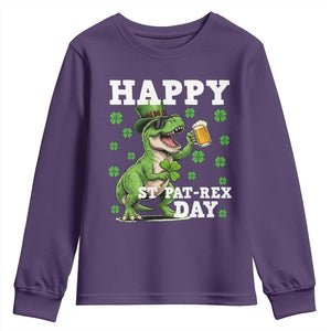 Happy St Pat Rex Day Youth Sweatshirt Funny Dinosaur Drinking Beer TS12 Purple Print Your Wear