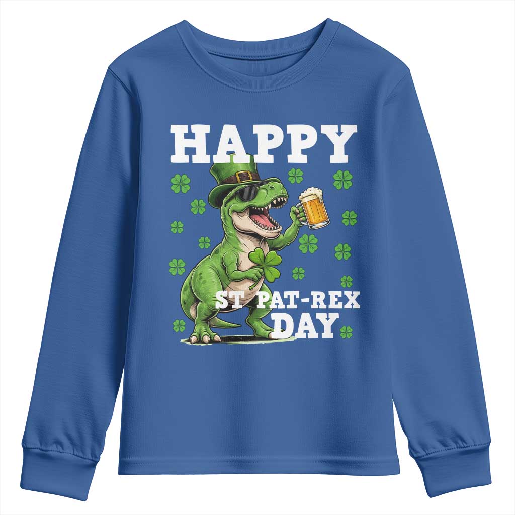 Happy St Pat Rex Day Youth Sweatshirt Funny Dinosaur Drinking Beer TS12 Royal Blue Print Your Wear