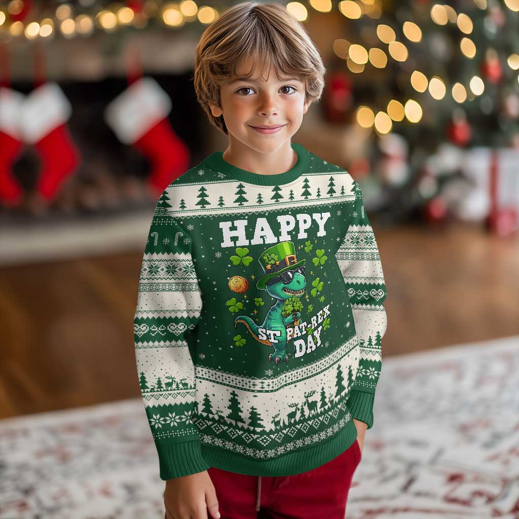 Happy St Pat Rex Day Ugly Christmas Sweater St Patricks Day Dino Lover TS12 Forest Green Beige Print Your Wear