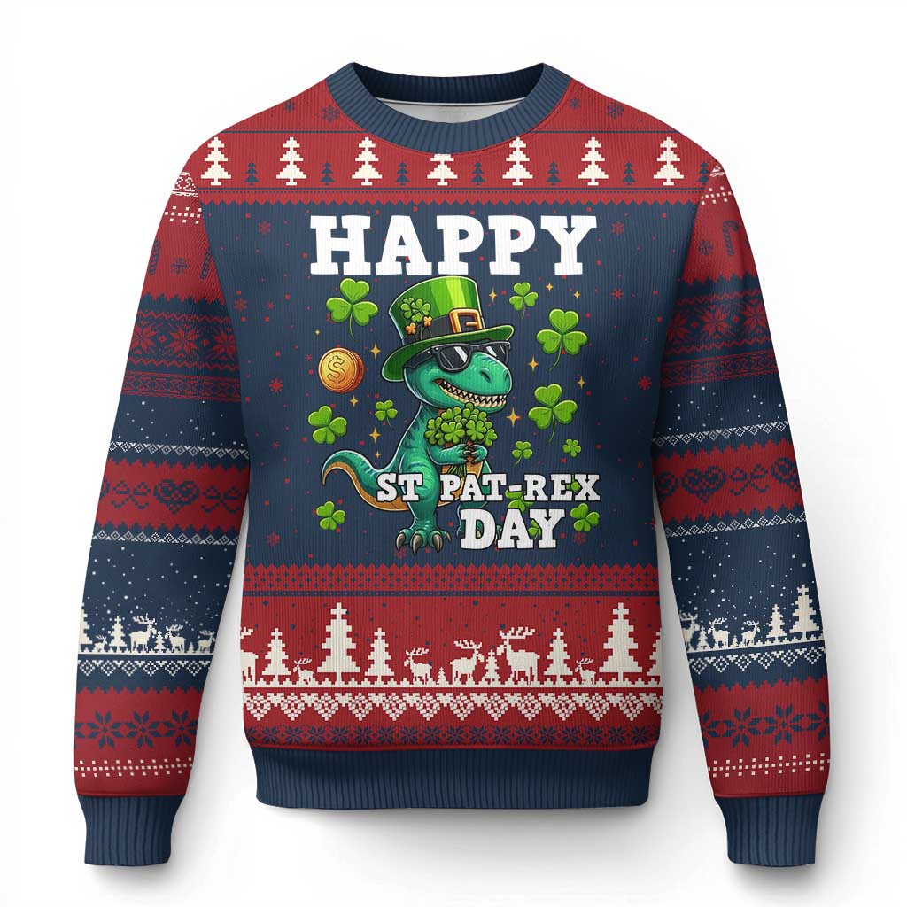 Happy St Pat Rex Day Ugly Christmas Sweater St Patricks Day Dino Lover TS12 Navy Red Print Your Wear