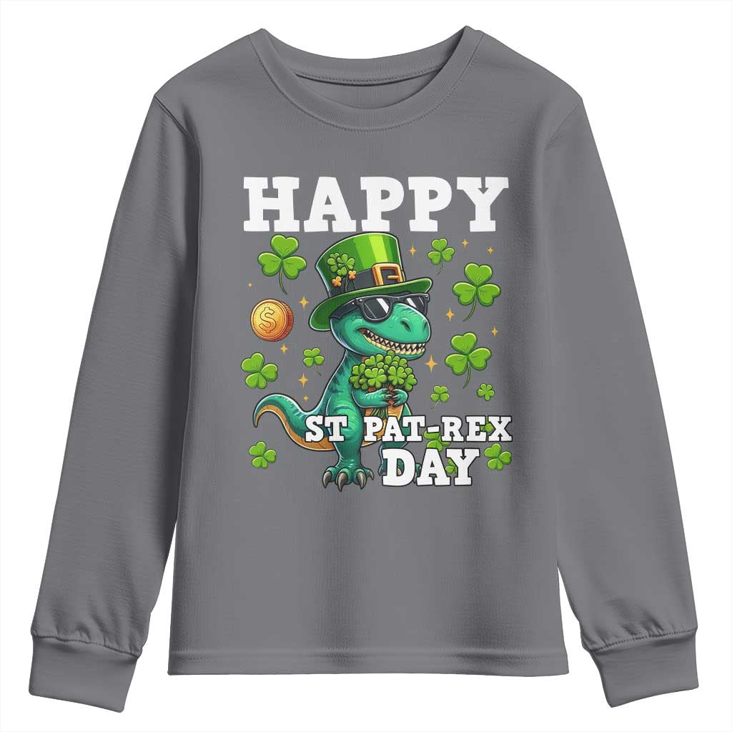 Happy St Pat Rex Day Youth Sweatshirt St Patricks Day Dino Lover TS12 Charcoal Print Your Wear