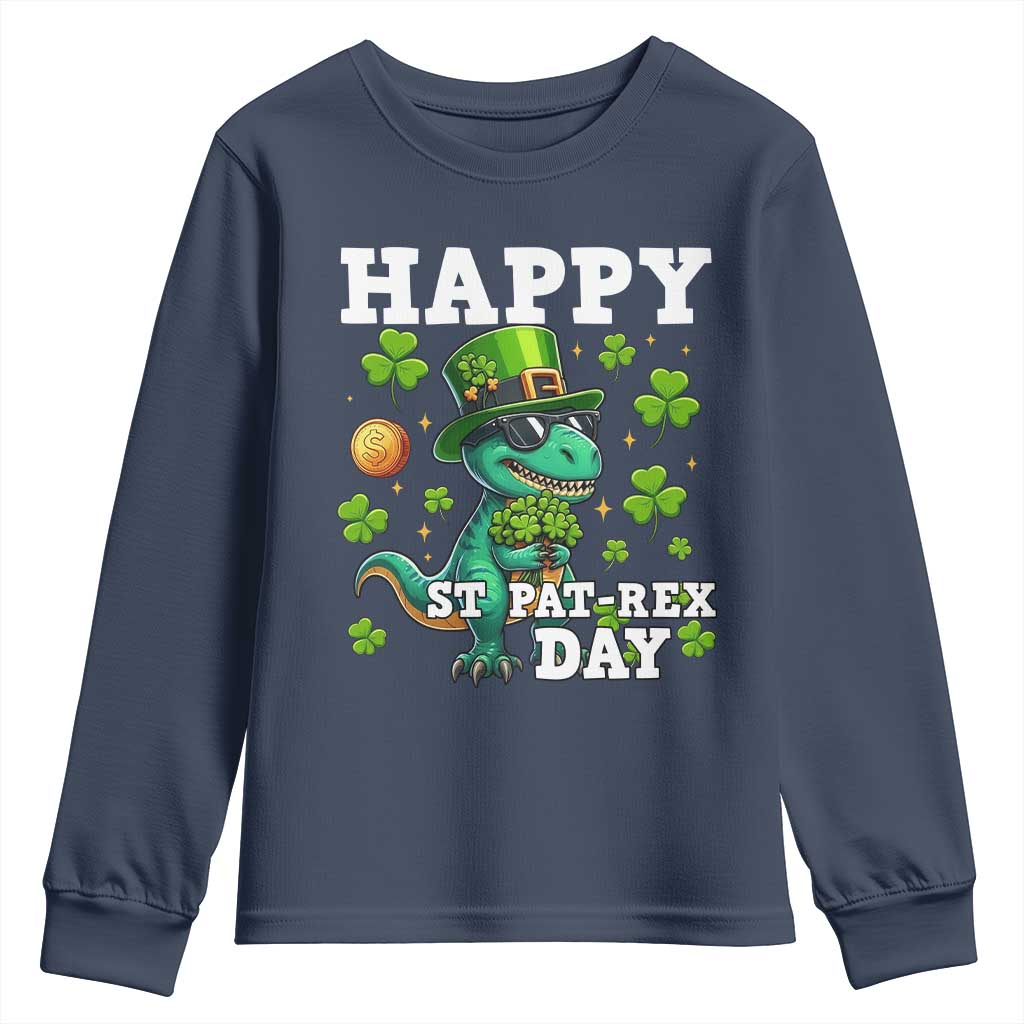Happy St Pat Rex Day Youth Sweatshirt St Patricks Day Dino Lover TS12 Navy Print Your Wear