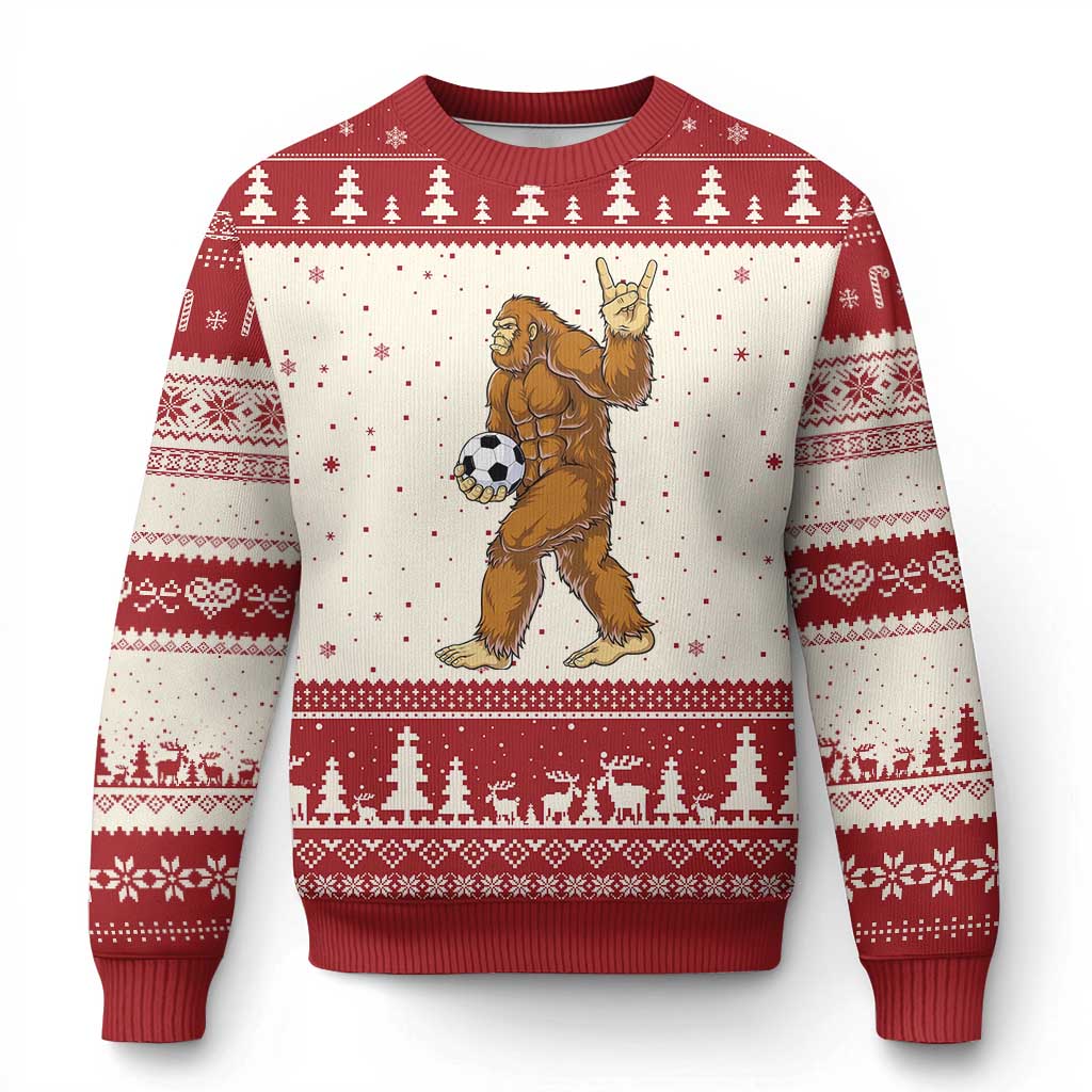 Funny Bigfoot Soccer Player Ugly Christmas Sweater Folklore Cryptid Gift TS12 Beige Red Print Your Wear