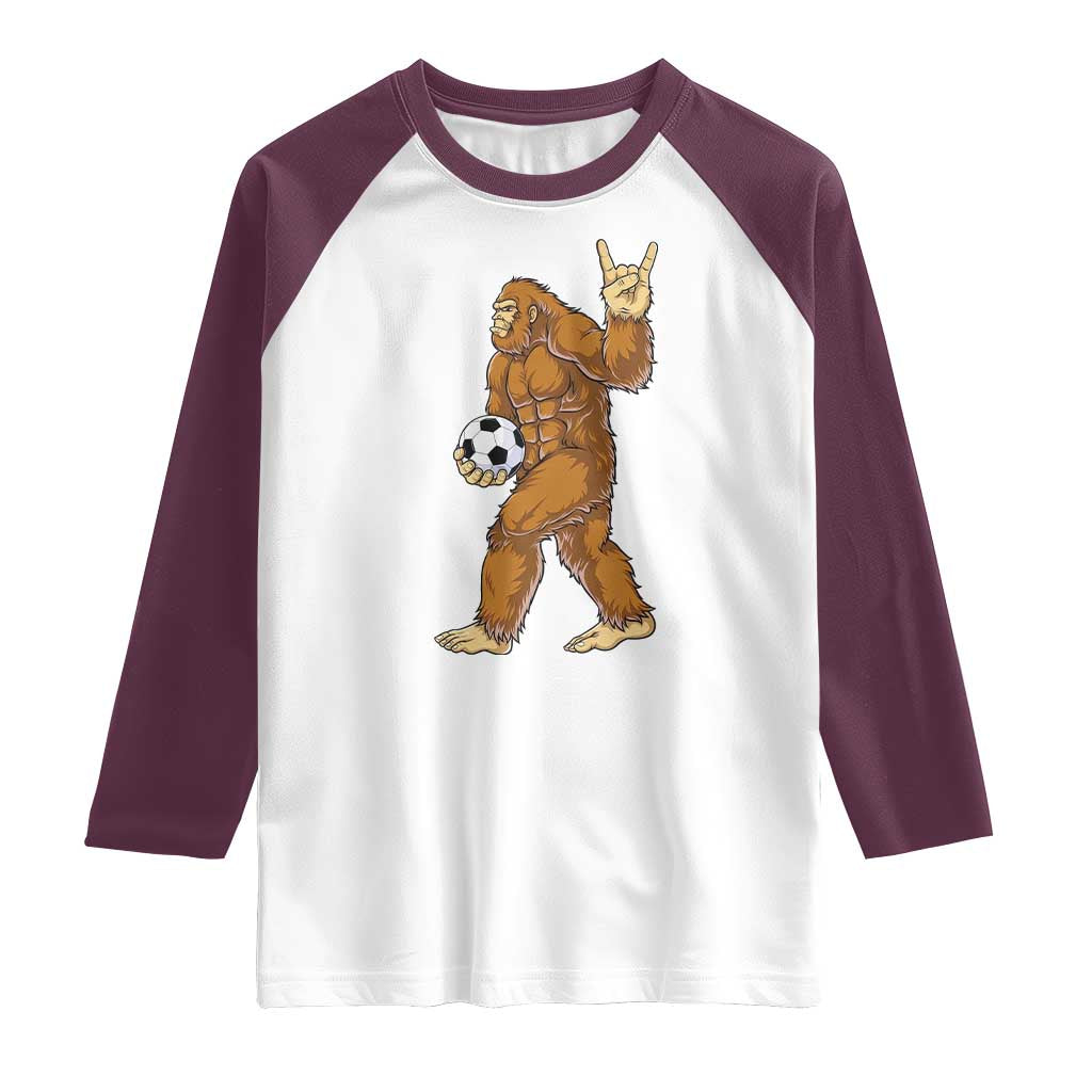 Funny Bigfoot Soccer Player Raglan Shirt Folklore Cryptid Gift TS12 White Maroon Print Your Wear