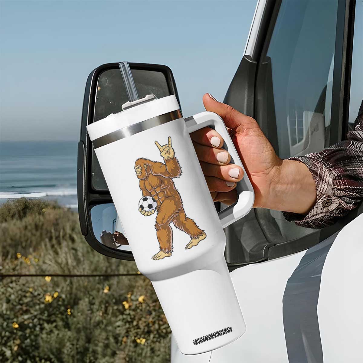 Funny Bigfoot Soccer Player Tumbler With Handle Folklore Cryptid Gift TS12 Print Your Wear