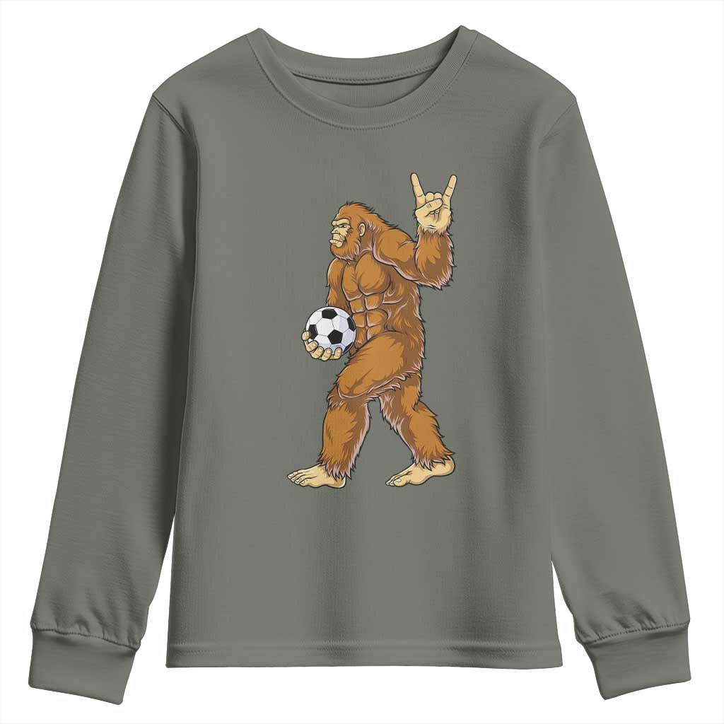 Funny Bigfoot Soccer Player Youth Sweatshirt Folklore Cryptid Gift TS12 Military Green Print Your Wear