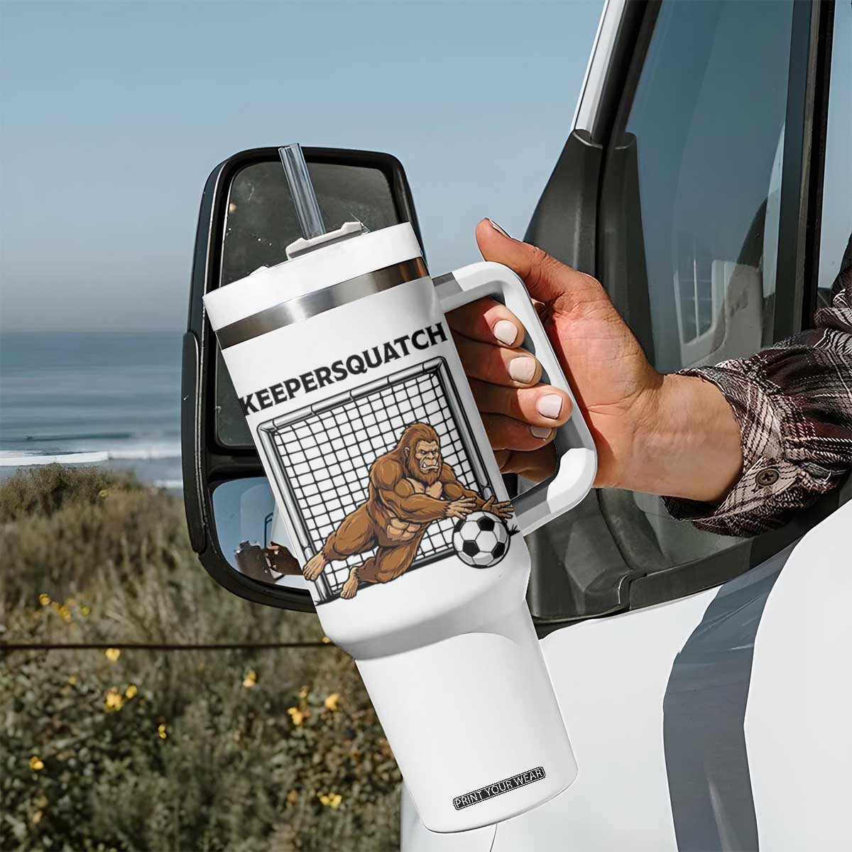 Funny Bigfoot Soccer Goalkeeper Tumbler With Handle Keepersquatch TS12 Print Your Wear