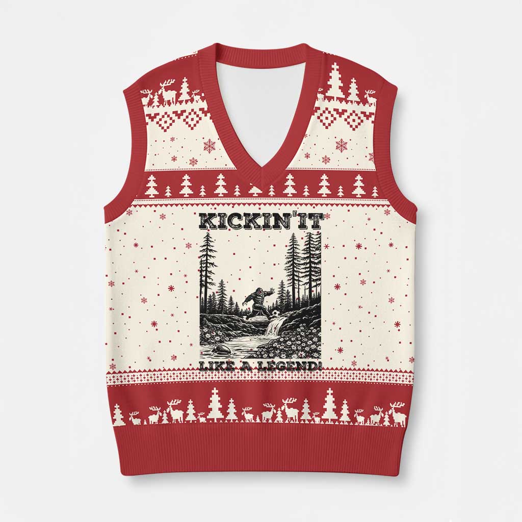 Kickin It Like A Legend V-Neck Knit Sweater Vest Funny Bigfoot Soccer Player TS12 Beige Red Print Your Wear