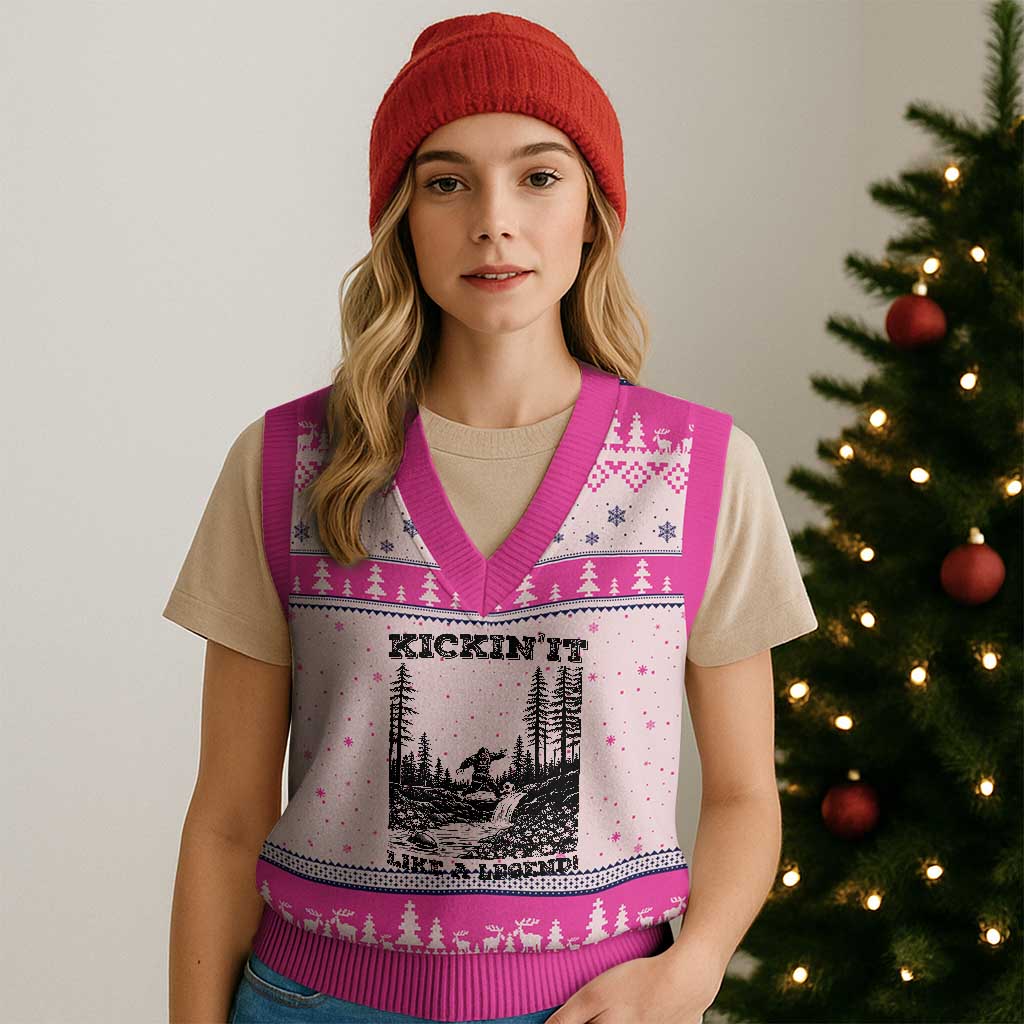 Kickin It Like A Legend V-Neck Knit Sweater Vest Funny Bigfoot Soccer Player TS12 Hot Pink Print Your Wear