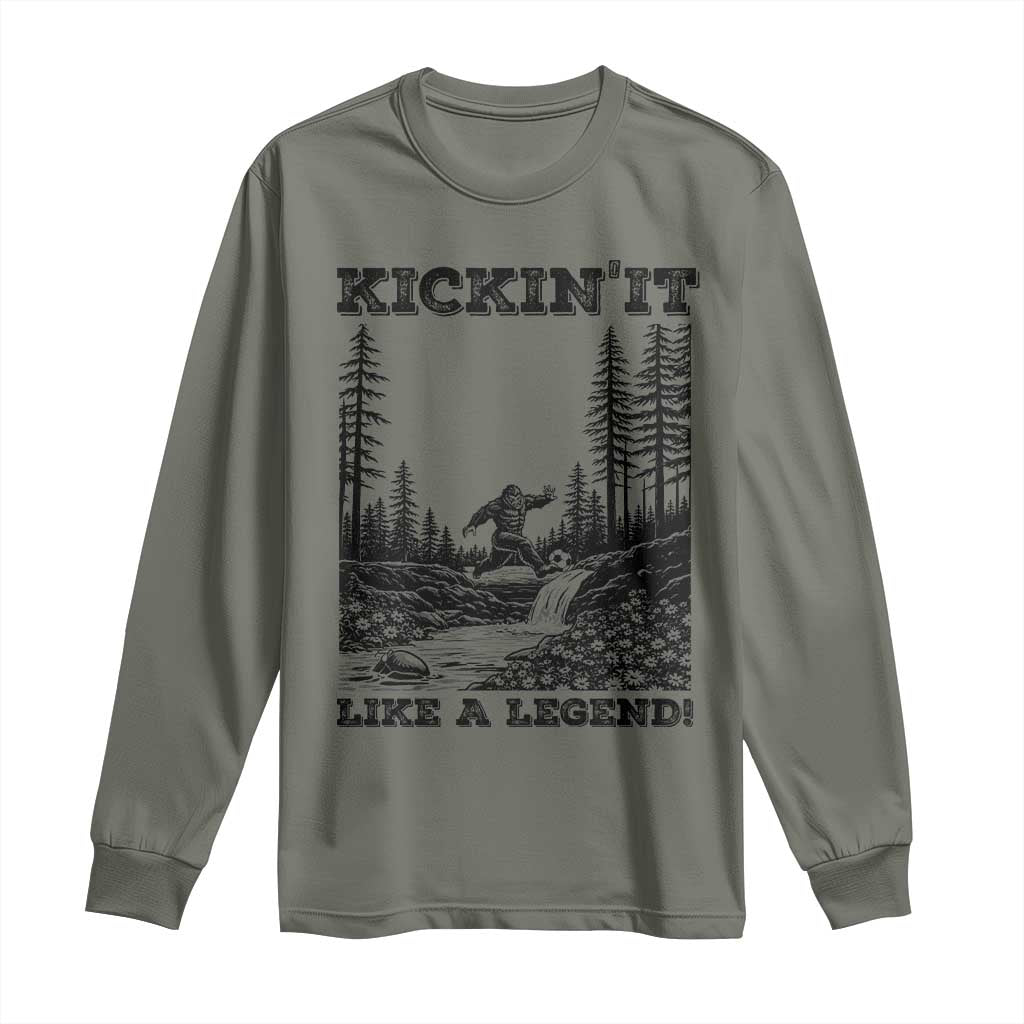 Kickin It Like A Legend Long Sleeve Shirt Funny Bigfoot Soccer Player TS12 Military Green Print Your Wear