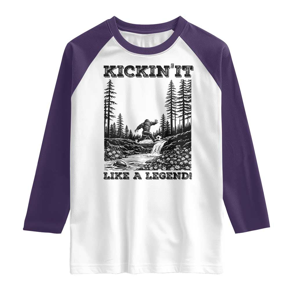 Kickin It Like A Legend Raglan Shirt Funny Bigfoot Soccer Player TS12 White Purple Print Your Wear