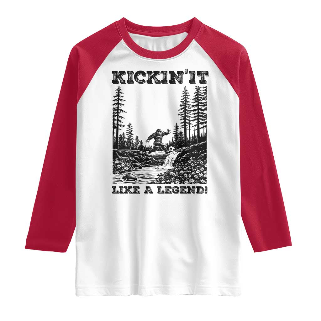 Kickin It Like A Legend Raglan Shirt Funny Bigfoot Soccer Player TS12 White Red Print Your Wear
