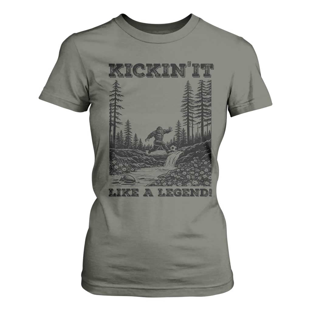 Kickin It Like A Legend T Shirt For Women Funny Bigfoot Soccer Player TS12 Military Green Print Your Wear