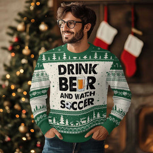 Drink Beer And Watch Soccer Ugly Christmas Sweater Funny Beer Lover TS12 Beige Green Print Your Wear