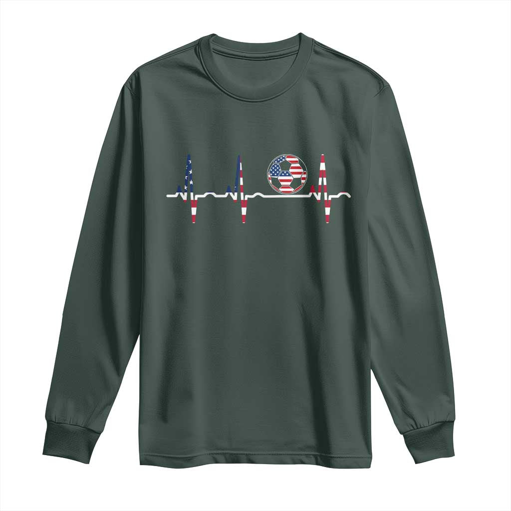 USA Soccer Heartbeat Long Sleeve Shirt American Flag Football Pulse TS12 Dark Forest Green Print Your Wear