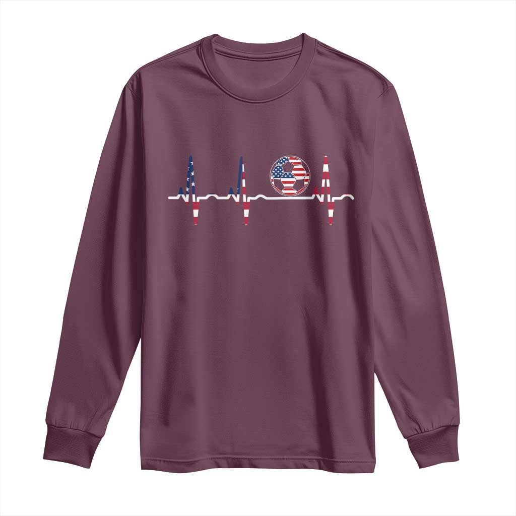 USA Soccer Heartbeat Long Sleeve Shirt American Flag Football Pulse TS12 Maroon Print Your Wear