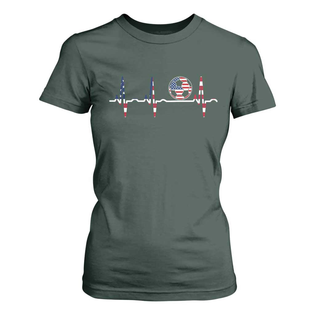 USA Soccer Heartbeat T Shirt For Women American Flag Football Pulse TS12 Dark Forest Green Print Your Wear