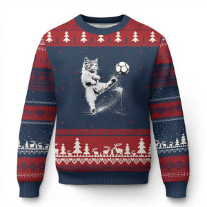 Cat Playing Soccer Ugly Christmas Sweater Funny Cat Lover Gift TS12 Navy Red Print Your Wear