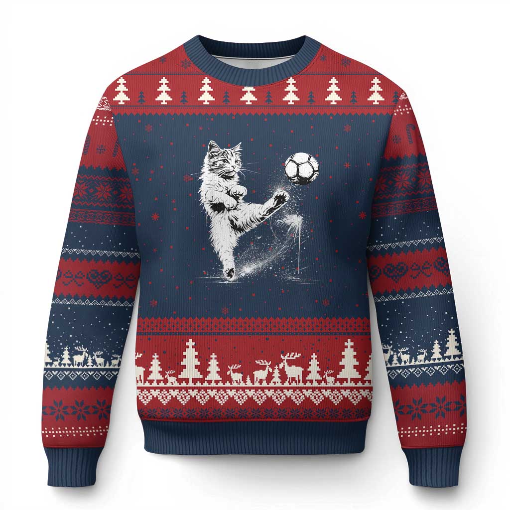Cat Playing Soccer Ugly Christmas Sweater Funny Cat Lover Gift TS12 Navy Red Print Your Wear