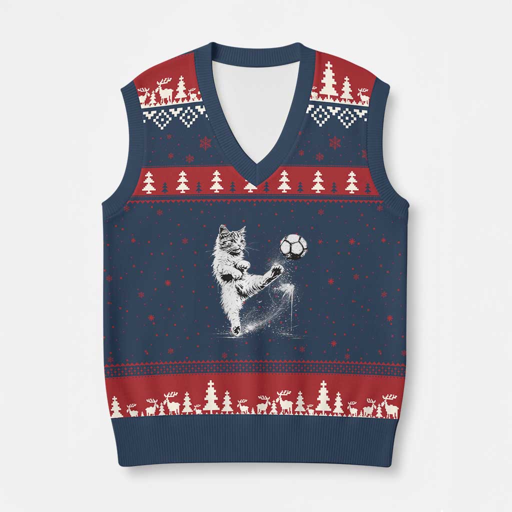 Cat Playing Soccer V-Neck Knit Sweater Vest Funny Cat Lover Gift TS12 Navy Red Print Your Wear