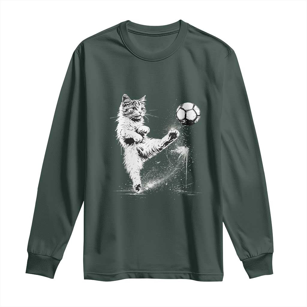Cat Playing Soccer Long Sleeve Shirt Funny Cat Lover Gift TS12 Dark Forest Green Print Your Wear
