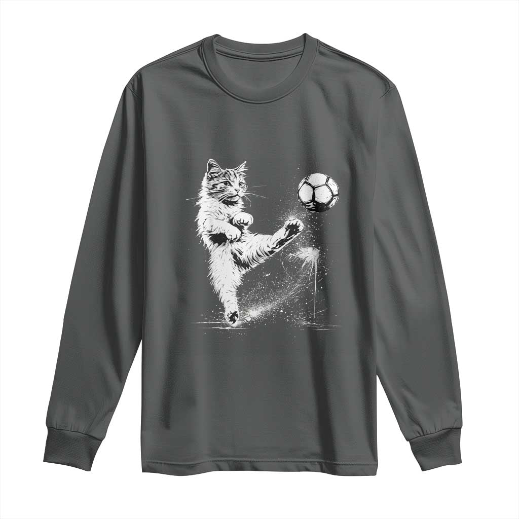Cat Playing Soccer Long Sleeve Shirt Funny Cat Lover Gift TS12 Dark Heather Print Your Wear