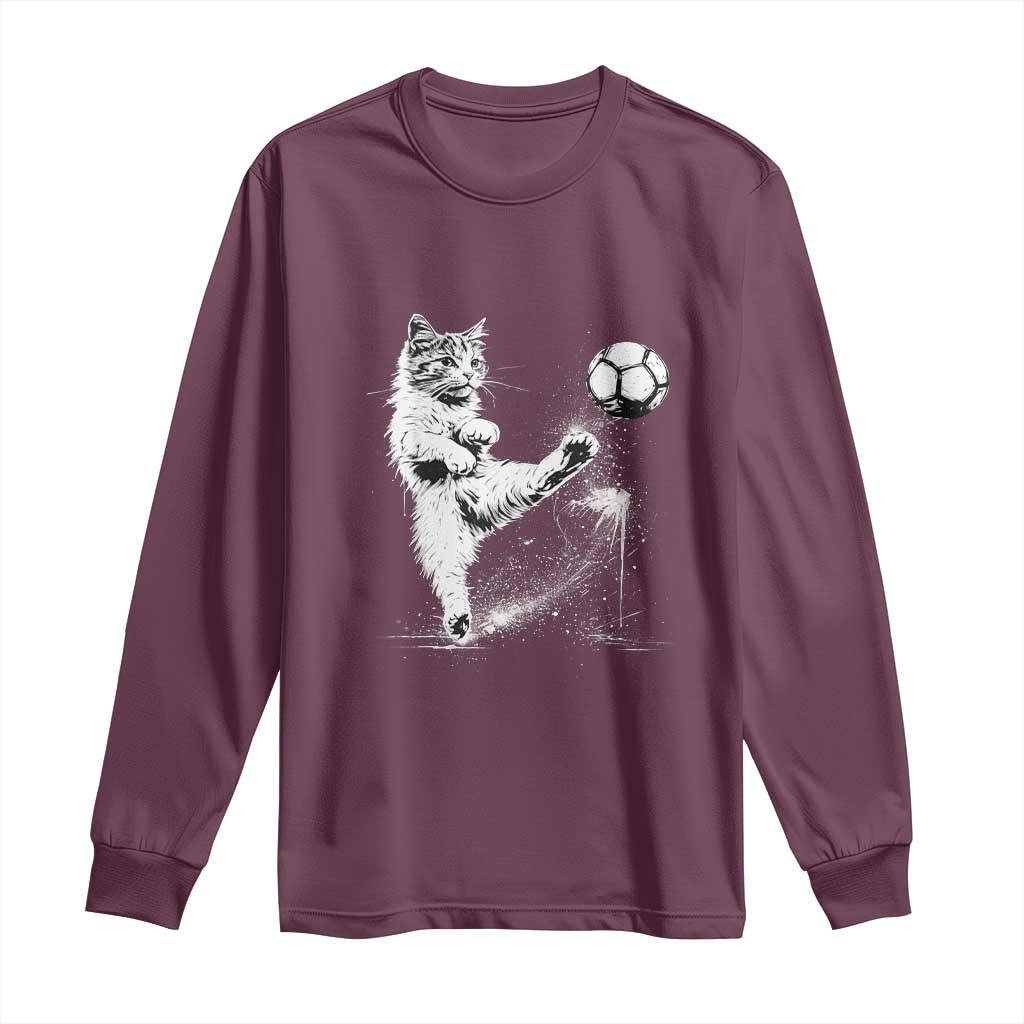 Cat Playing Soccer Long Sleeve Shirt Funny Cat Lover Gift TS12 Maroon Print Your Wear